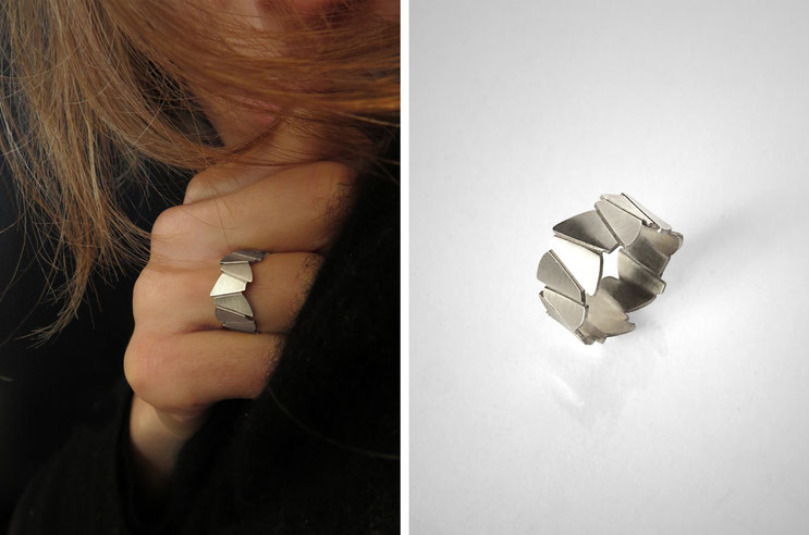 FACE-A-FACE ring,   silver recycled, Nelly CHEMIN faceted, organic, irregular, prism, triangle, geometric, scale