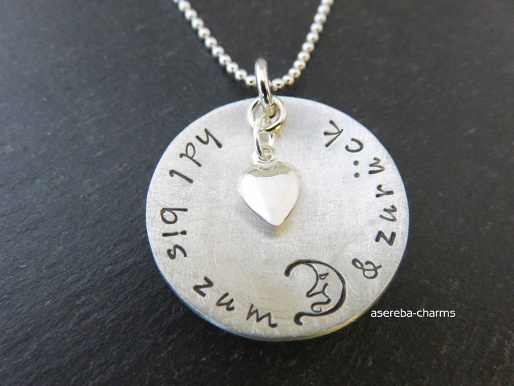 Silberkette "Hab Dich lieb bis zum Mond & zurück" (personalisiert auf der Rückseite mit Namen) 