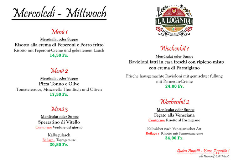 Unsere Mittagsmenü für Mittwoch den 05.11.2025