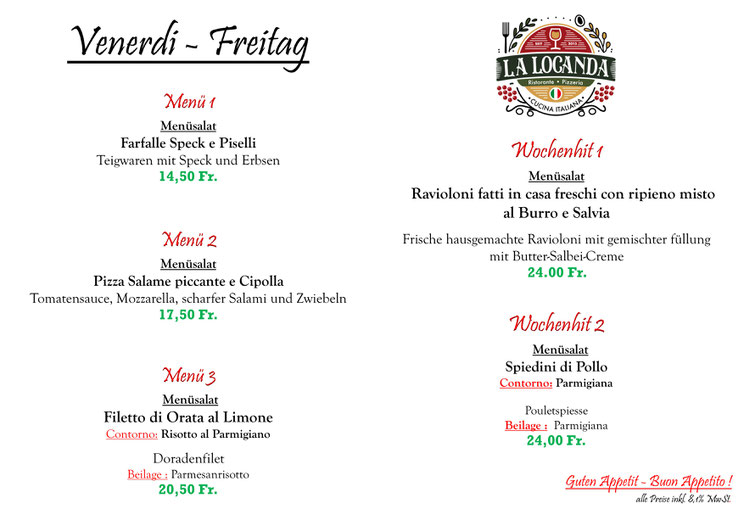 Unsere Mittagsmenü für Freitag den 18.07.2025