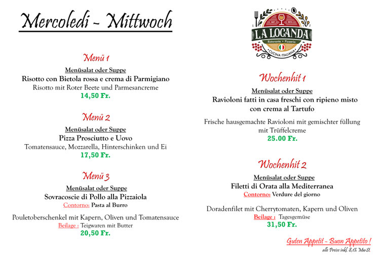 Unsere Mittagsmenü für Mittwoch den 03.12.2025