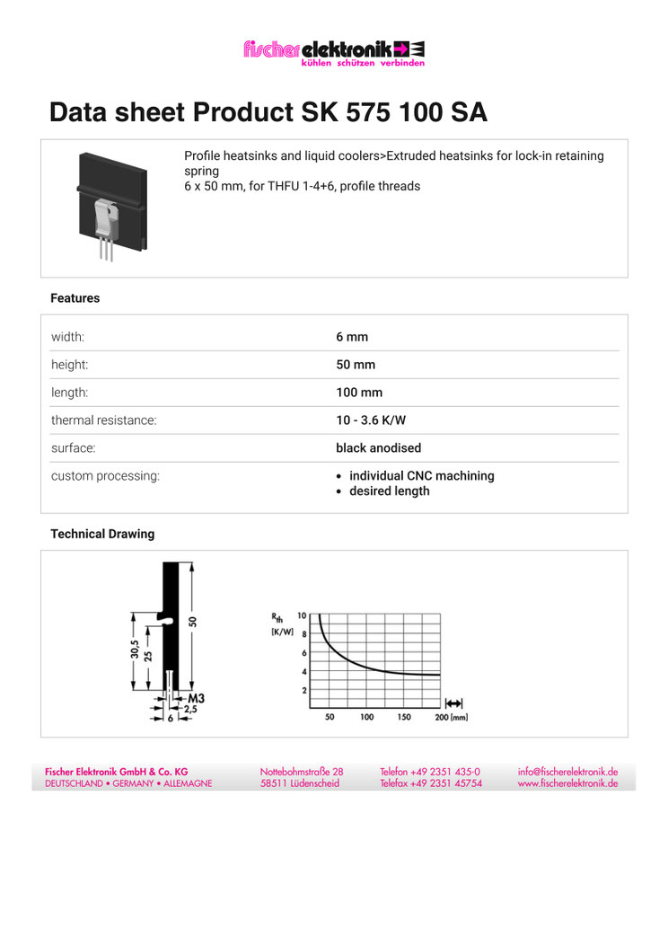 SK 575 100 SA Fischer Elektronik 押出成形ヒートシンク クリップ固定用