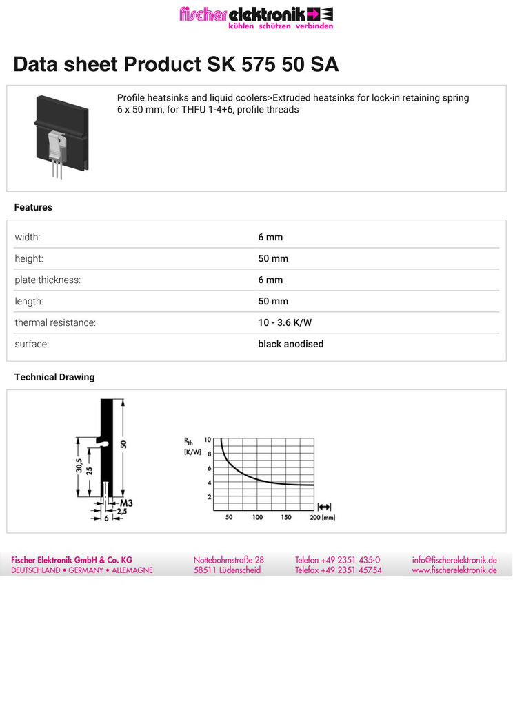SK 575 50 SA Fischer Elektronik 押出成形ヒートシンク クリップ固定用