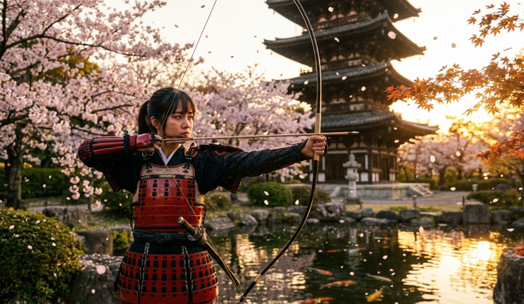 giovane donna che pratica il kyudo tiro con l'arco giapponese facente parte del budo