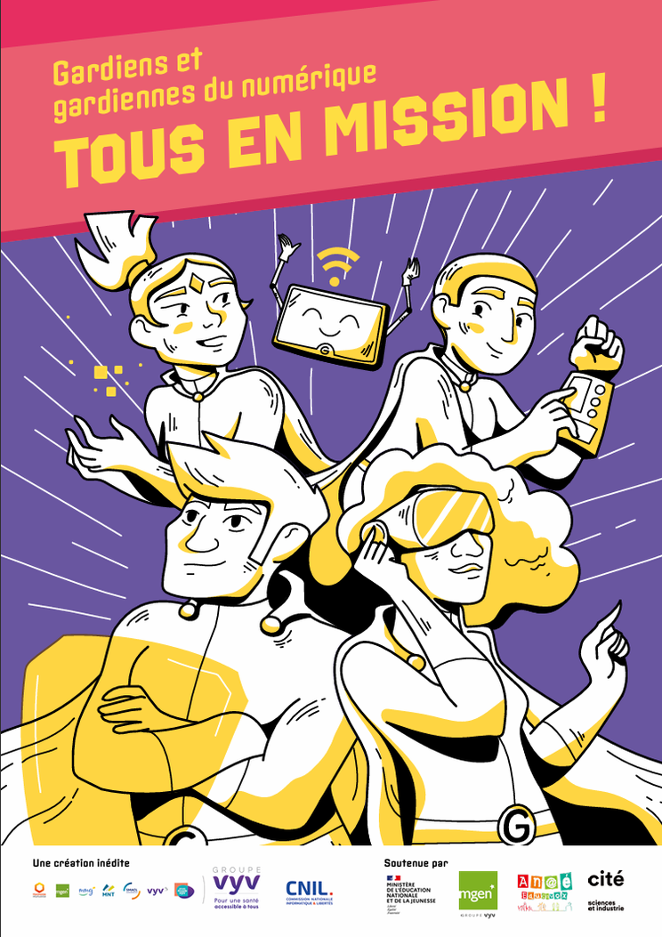 «Gardiens et gardiennes du numérique, tous en mission». «Les gardiens du numérique». PDF gratuit. Réseaux sociaux. Cyberharcèlement. Jeux vidéos. Désinformation. Adolescents. Outils gratuits.