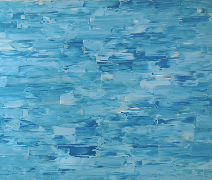 horizontal geführte Strichrichtung mit hellblauen Mosaiksteinen symbolisiert die Wasseroberfläche