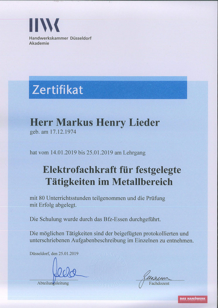 PV-Lieder, Eigenstromlösungen, Markus Henry Lieder, Elektrofachkraft für festgelegte Tätigkeiten im Metallbereich