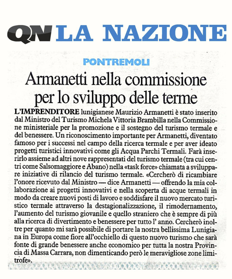 La Nazione, Bit 2010, Armanetti fa parte della commissione per lo sviluppo delle terme