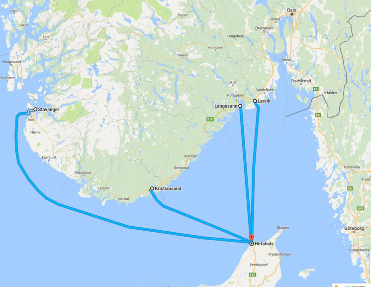 Map with the four main ferry routes from Hirtshals (Denkmark) to Norway