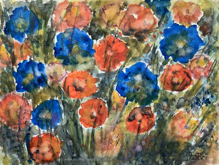 Es blüht in Orange und Blau (36 x 48 cm)