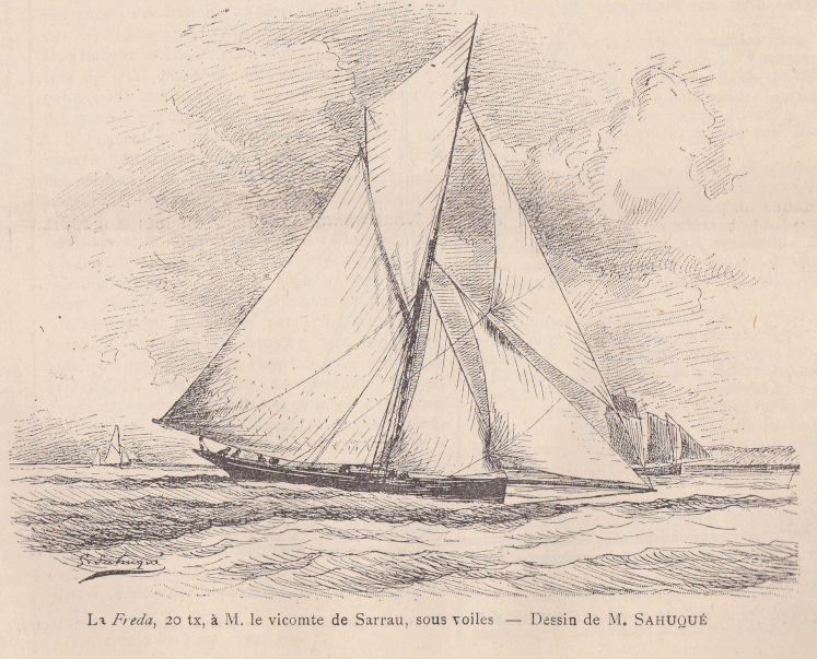 La silhouette très classique du yacht  Freda  dessin de M. Sahuqué pour le journal le Yacht