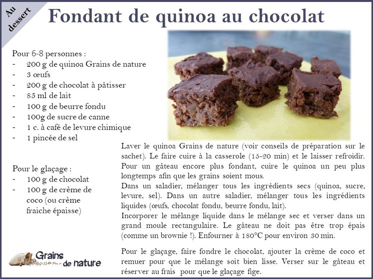 Quinoa Grains de nature produit dans l'Aube France associé au chocolat pour un dessert gourmand