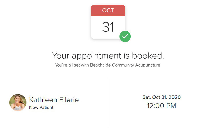 Beachside Community Acupuncture PLLC online scheduler screenshot of appointment confirmation