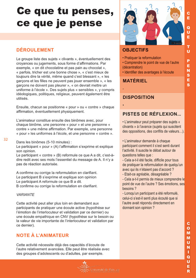 Gestion de conflit acitivités jeux gartuits. Université de paix. CNV. Violence. Communication. 35 fiches d'activités gratuites. PDF GRATUIT. Yasmine Dogot.