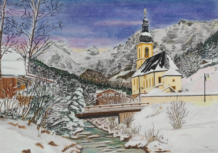 St. Sebastian, Ramsau, Pastell auf Hahnemühle Nostalgie Papier 