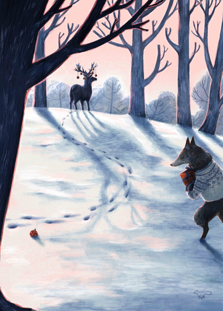 Illustration Mareike Ammersken Romantisch Hirsch Wolf Märchen Schnee Landschaft