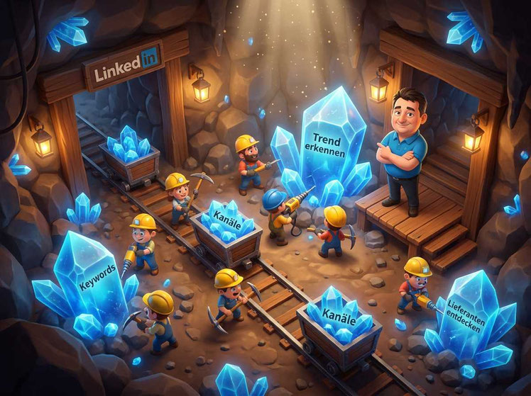 Social Mining in einem Bergwerk dargestellt. Schätze können ausgegraben werden