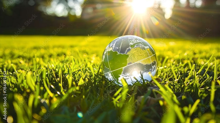 Eine gläserne Weltkugel liegt im grünen Gras und spiegelt das Licht – Symbol für Energetisches Clearing und Cosmic Healing.