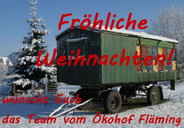 Das Team vom Ökohof Fläming wünscht Ihnen und Euch fröhliche Weihnachten. Habt ein schönes Weihnachtsfest, vielleicht mit dem ein oder anderen leckeren Honig aus unserer Imkerei oder einer Weihnachtsgans! Unsere Bienen haben sich zur Winterruhe begeben.