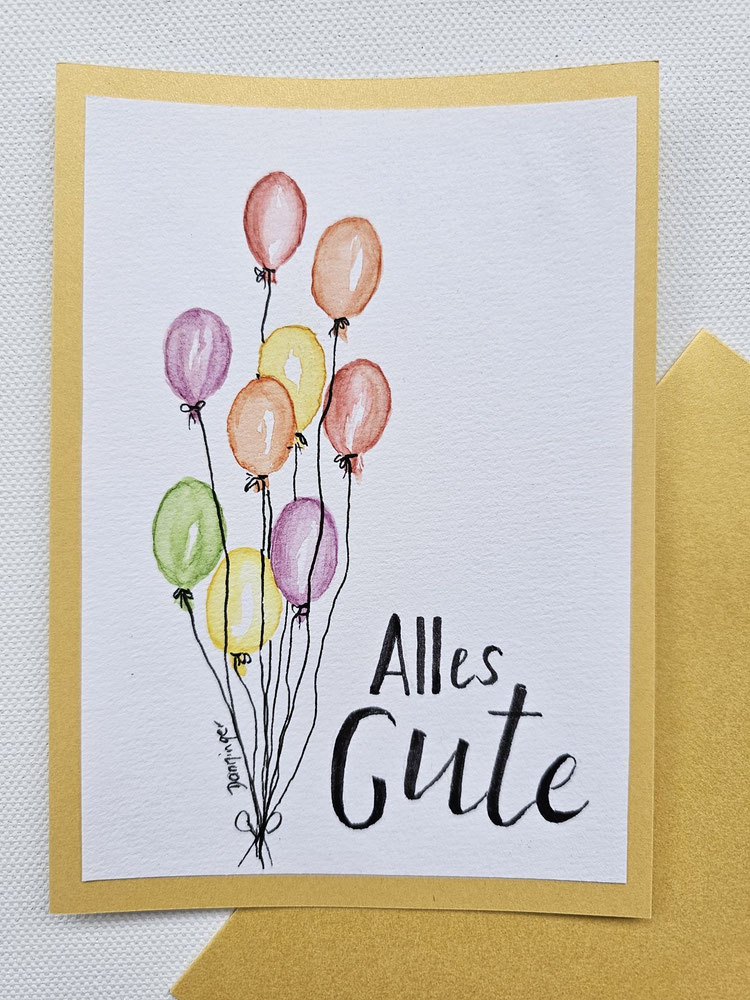Geburtstagsgrußkarte Aquarell Luftballons mit Alles Gute Handlettering