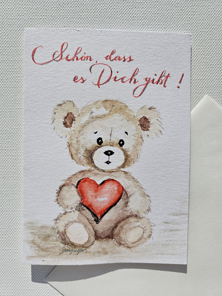 Valentinstagskarte Aquarell Bär mit Herz und "Schön, dass es Dich gibt" Handlettering