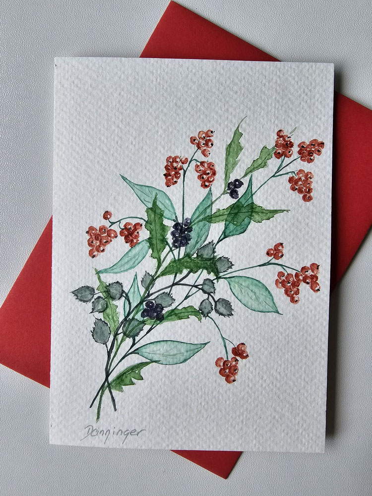 Geburtstagskarte Aquarellbild mit Zweigen, Beeren und Blättern