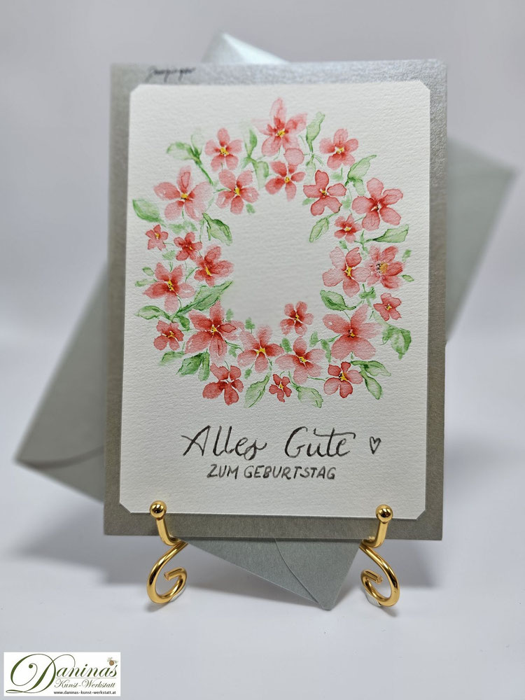 Schöne Glückwunschkarte zum Geburtstag mit Aquarellbild Blumenkranz und Alles Gute zum Geburtstag Handlettering