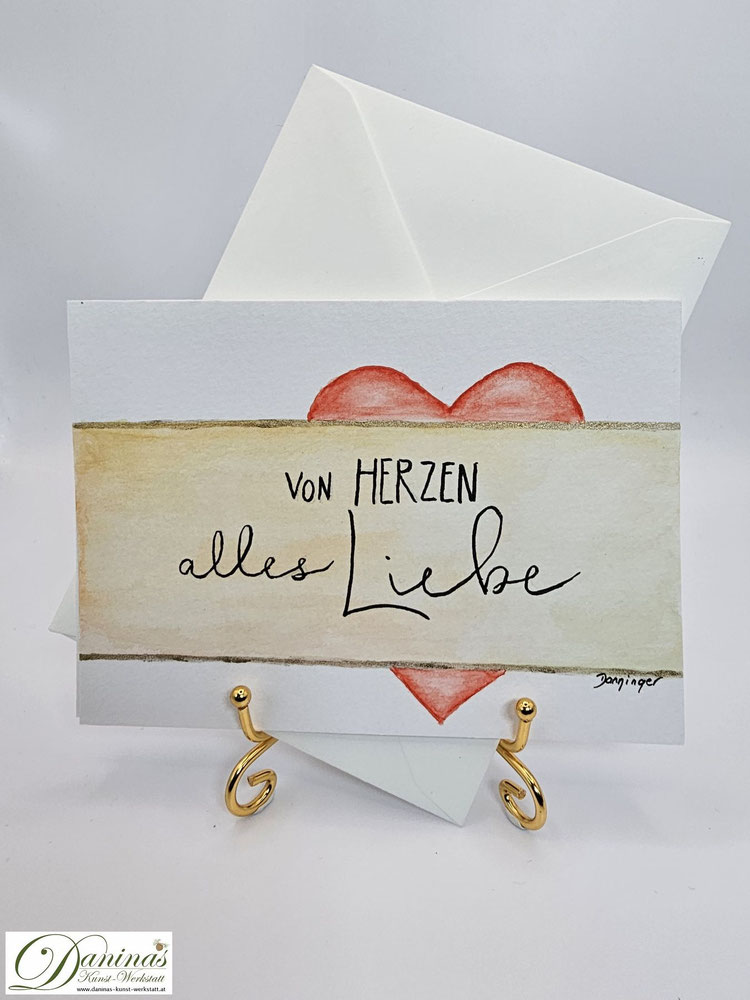 Geburtstagskarte Aquarell Herz mit "Von Herzen alles Liebe"-Handlettering