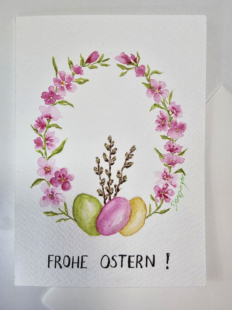 Ostergrußkarte Aquarell Blumenkranz mit Palmkätzchen und "Frohe Ostern" Handlettering