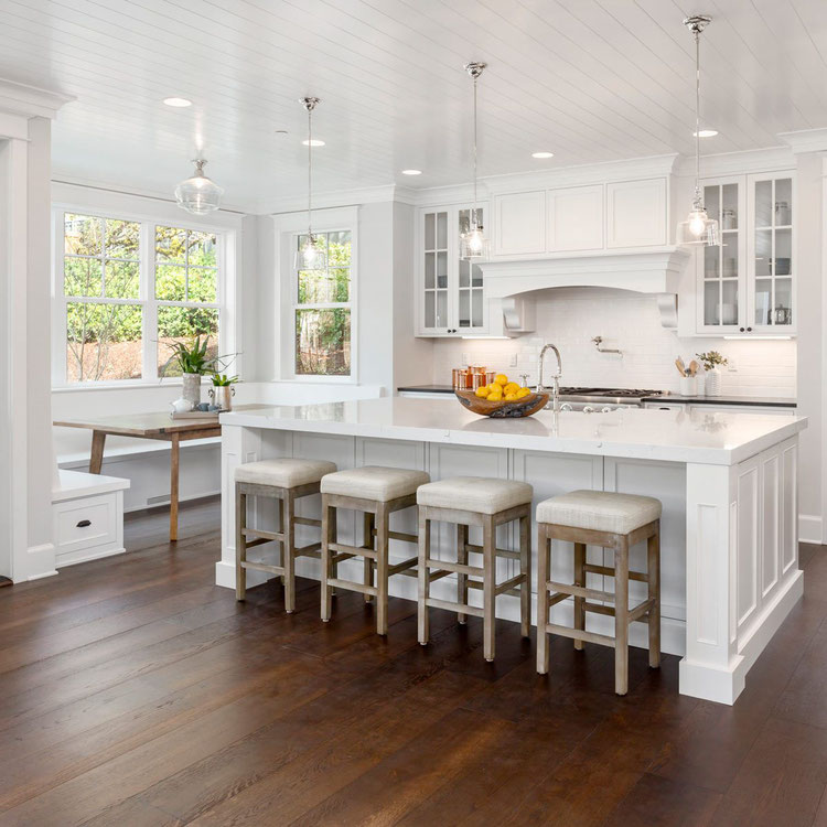 White Casment Kitchen windows add a high-end feel to the kitchen when combined with white cabinetry.