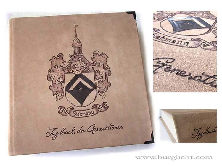 Lederalbum Fotoalbum Ledereinband Hardcover Familienchronik Lederbranding Wappen Jagdbuch Familienwappen