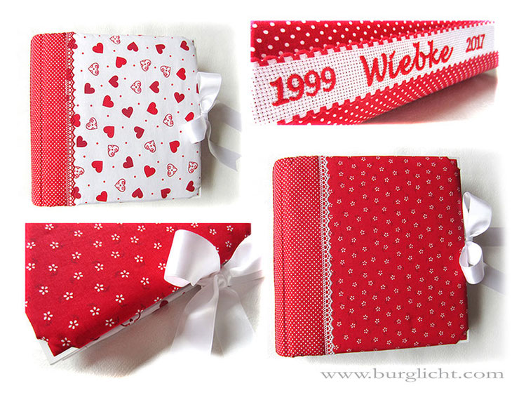 Fotoalbum 18. Geburtstag, 30cmx30cm, 100 Seiten weiß, Bezugstoff: Leinen bedruckt, Buchschmuck: Zierborte rot, Schleifenverschluss weiß, Metall-Buchecken weiß.