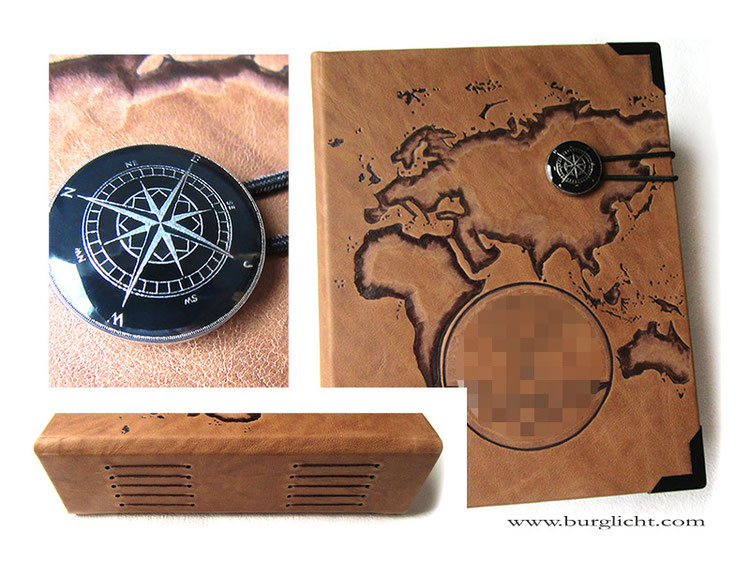 Reisetagebuch, Hardcover, Leder nussbraun, Langstichheftung, Gummibandbuchverschluss mit Kompass-Knopf, individuelle Brandmalerei Kontinente Logo