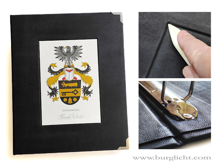 Stammbuch für DIN A4, Leder schwarz, Hardcover mit Druck in Aussparung, Beschläge vernickelt.