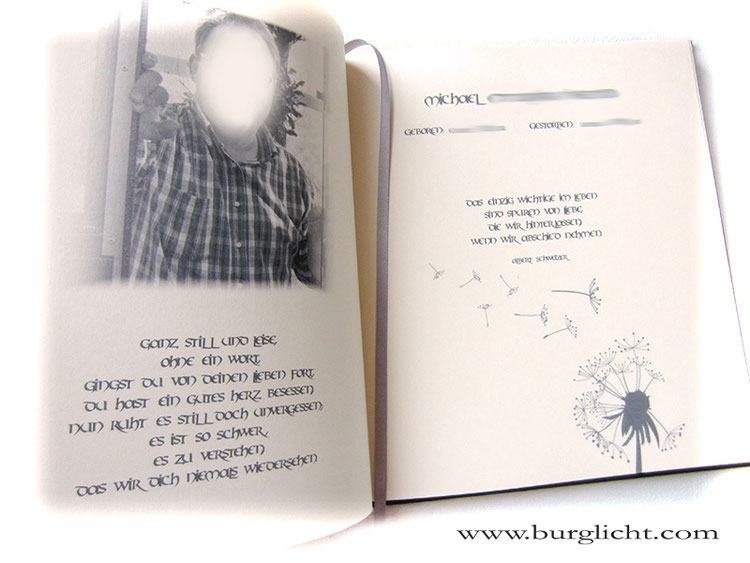 Kondolenzbuch mit Druck persönlicher Daten auf Doppelseite; individuelles Layout Foto, Text, Grafik; 21cm x25cm Hochformat, 120 Seiten cremefarben.