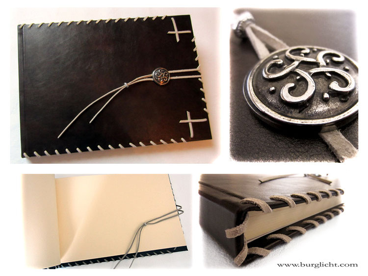 Großes Gästebuch mit Hardcover-Ledereinband, umlaufender Flechtung und keltischem Knoten, 35cm x 25cm Querformat.