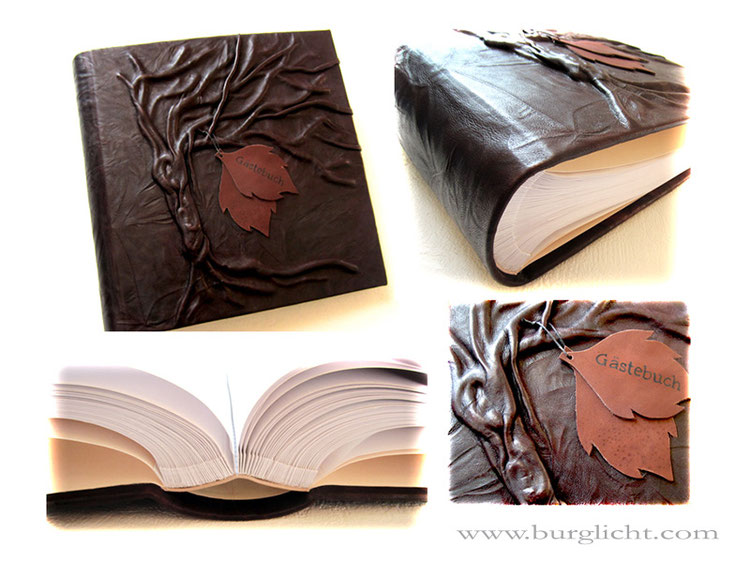 Fotoalbum Der Baum des Lebens, Hardcover-Bucheinband, Glattleder braun, Hochrelief Baum, beschriftete Blatt-Applikation aus hellbraunem Leder, 30x30cm, 50 Blatt weiß, mit Pergaminzwischenblättern.