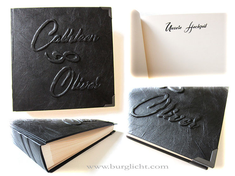 Foto-Gästebuch Hochzeit, Relief Namen und Infinity, Bucheinbandmaterial Stoff schwarz, Buchblock Fotokarton cremefarben, Druck persönlicher Daten, Metall-Buchecken mattschwarz.