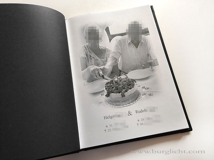 Kondolenzbuch mit Druck persönlicher Daten auf Seite 1 im Buch, individuelles Layout inklusive Bildbearbeitung und Druckvorschau.