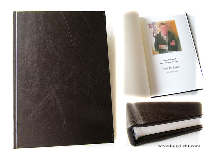 Kondolenzbuch, Trauerbuch, Hardcover Leder dunkelbraun; Online-Kondolenzbuch gesetzt, gedruckt und in traditioneller Fadenheftung gebunden, Buchecken mattschwarz.