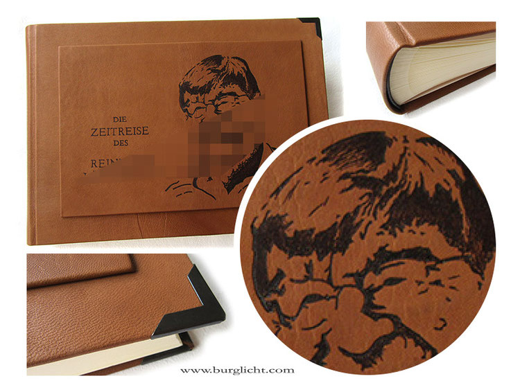 Fotoalbum Hardcovereinband Leder cognacfarben hell, Brandmalerei von Hand, Schriftzug und Porträt nach Foto.