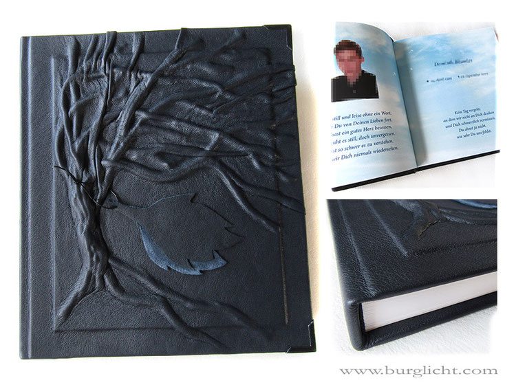 Kondolenzbuch Trauerbuch Baumrelief Hardcovereinband Leder dunkelblau Fadenheftung 200 Seiten weiß Hochformat 21cm x 24cm
