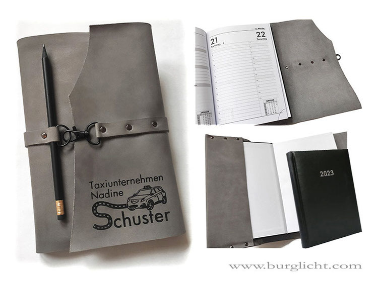 Lederumschlag für wechselbaren A5 Buchkalender, Terminplaner, Kalenderbuch, Cheftimer, Diary, Notizbuch mit Logo, Karabinerverschluss, Stifthalter