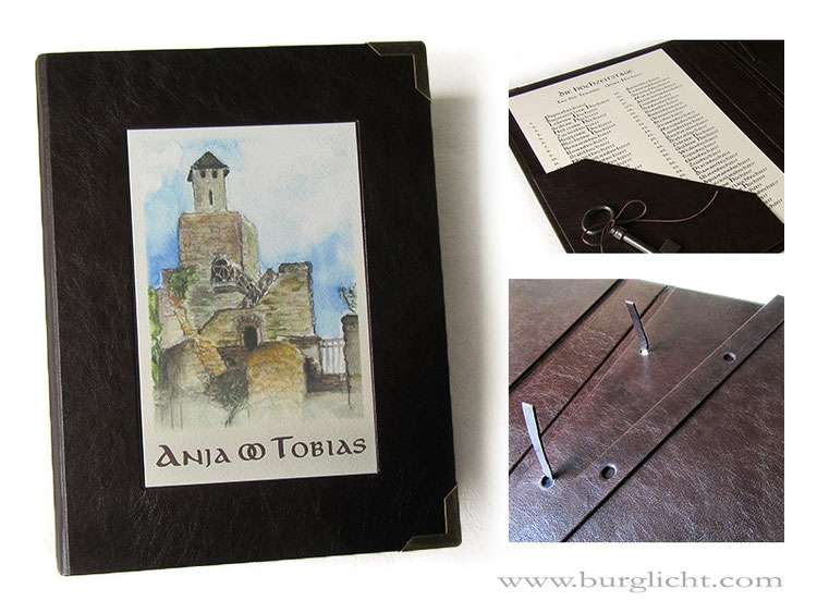 Stammbuch Hardcover Ledereinband dunkelbraun, individuelle Drucke, Heftmechanik, Heftzunge und Deckleiste mit Lederüberzug, Ecktasche vorne, Buchecken antikmessing