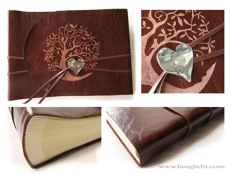 Lederalbum Softcover, Leder cognacfarben, Gravur Baum rund, Umschlag rund geschnitten, großer Herzanhänger altsilberfarben, Fotoalbum-Buchblock elfenbeinfarben