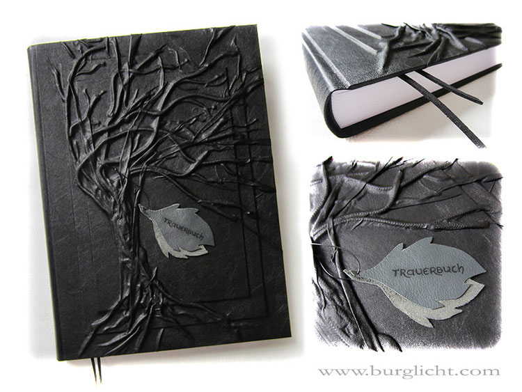 Trauerbuch, A3 Hochformat, Hardcover mit 3D-Einbandgestaltung Baumrelief, Fadenheftung, Stoff schwarz, Label Blätter beschriftet.