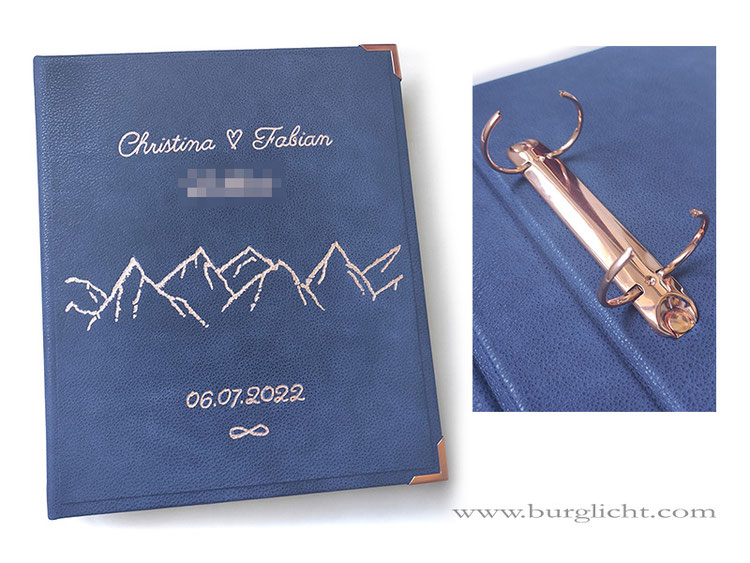 Stammbuch, Hardcover, Lederausstattung marineblau, individuelle Ledergravur mit farblicher Nachbearbeitung in kupferfarben, Ringmechanik und Buchecken kupferfarben.