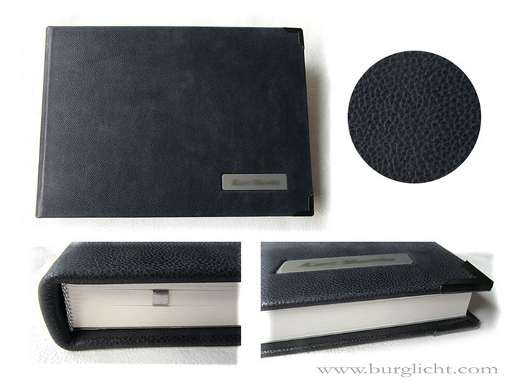 Kondolenzbuch Ledereinband 35cm x 25cm, 180 Seiten, Fadenheftung, Buchecken und Schild mit Gravur.