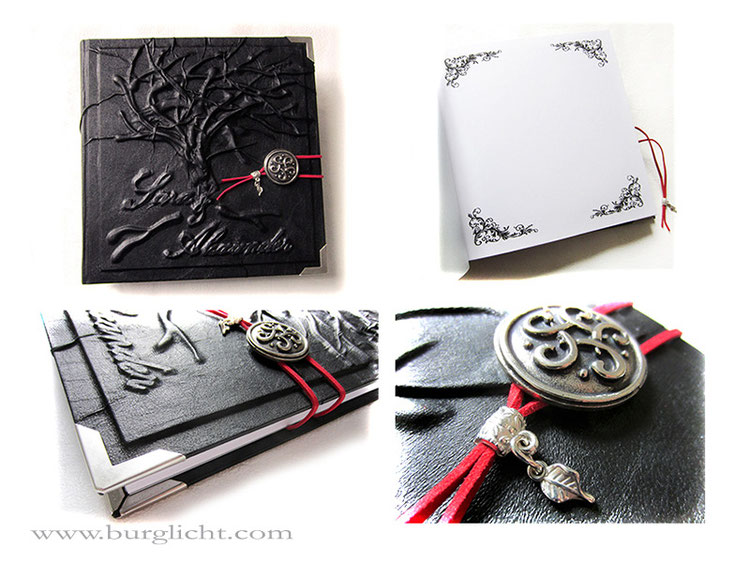 Foto-Gästebuch Hochzeit, 23cm x 23cm, Reliefeinband Baum und Namen, Bezug Stoff schwarz, Nietknopf Keltischer Knoten als Buchverschluss mit Lederband rot, individuell bedruckte Innenseiten, 270g-Fotokarton weiß, Metall-Buchecken matt vernickelt.