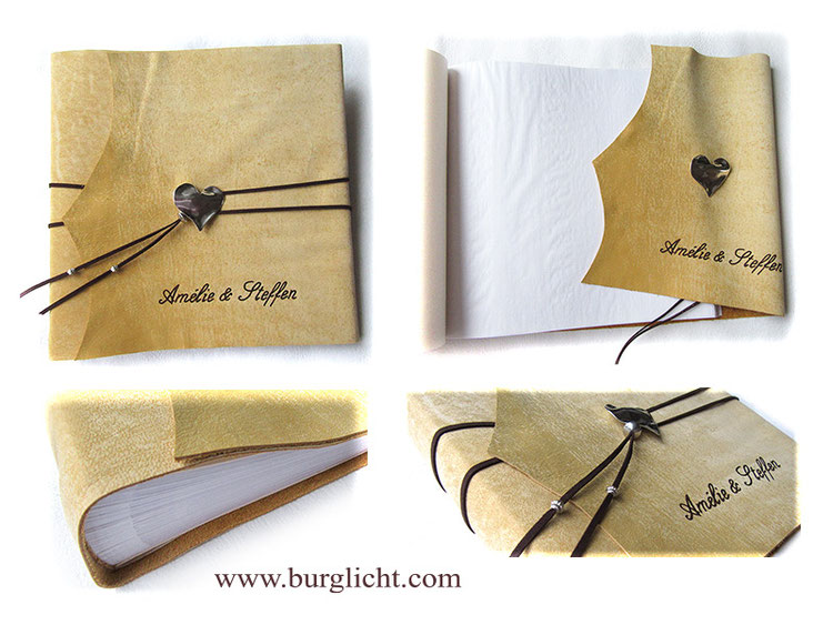 Lederalbum Softcover, Büffelleder natur beige, 30cm x 30cm, Fotoalbum 100 Seiten weiß mit Pergaminzwischenlagen, großer Herzanhänger, Einbandbeschriftung Namen